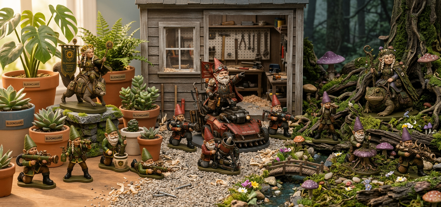 Garden Avalon factions displayed together in a backyard diorama — figurines from Bloomguard, Tool Brigade, and Uncut